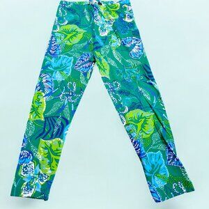Pepco Full length Soft Cotton leggings Skinny Fit Green with Blue Leaves NWOT